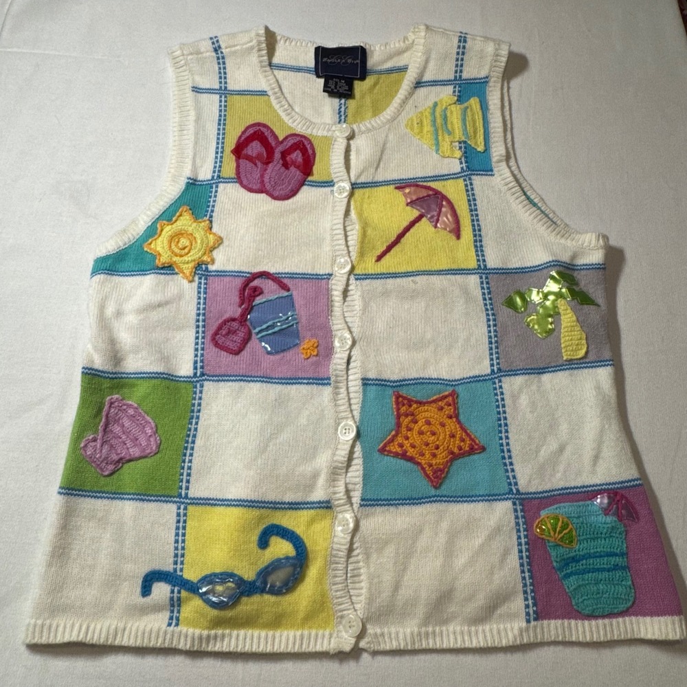 Vtg Eagles Eye Womens Vest Size M‎ Beach Theme Appliques Button Grandma Knit